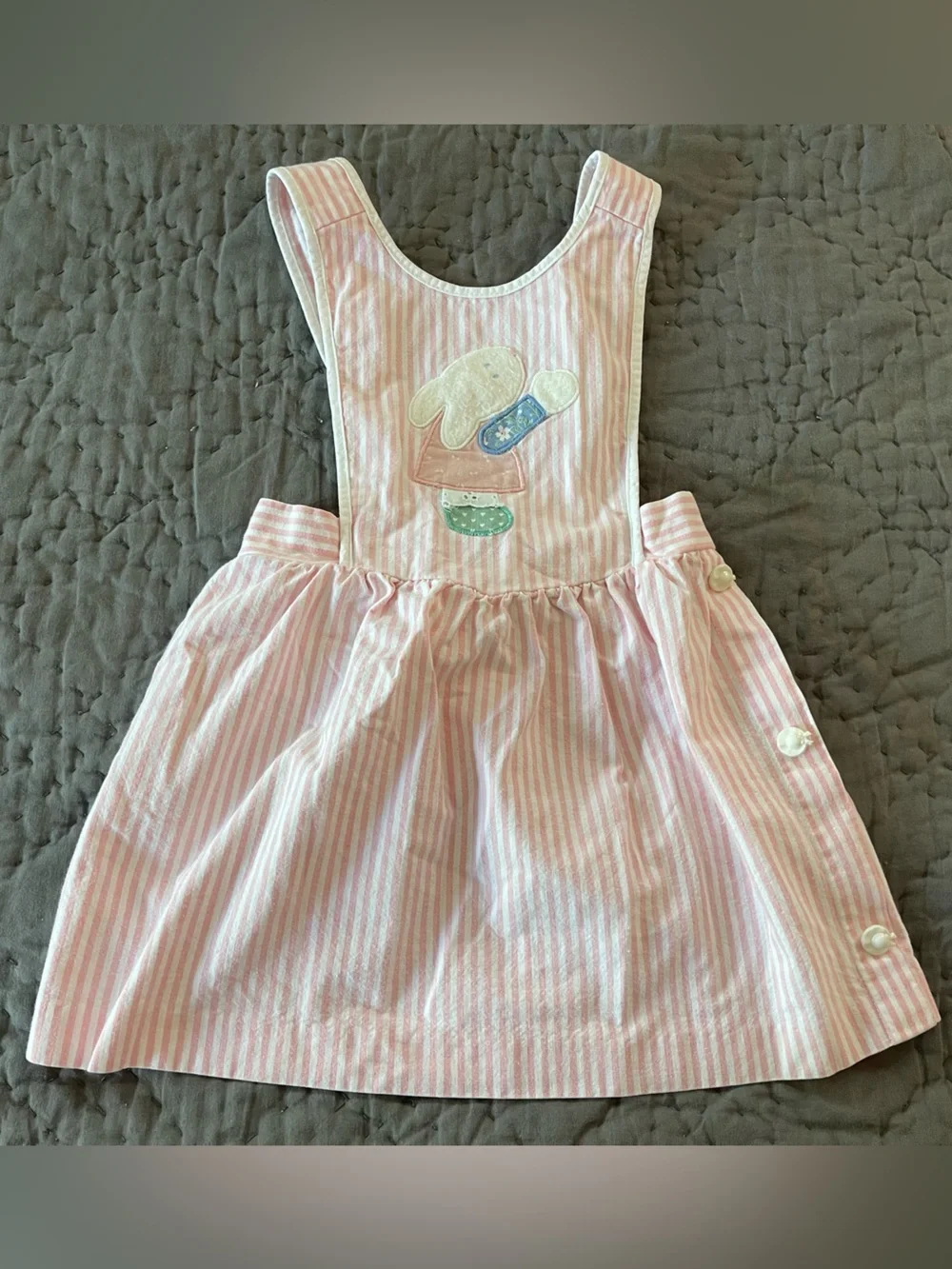 Vintage Ruth Scharf Pink White Striped Girls Overall Dress Bunny Appliqué 4T